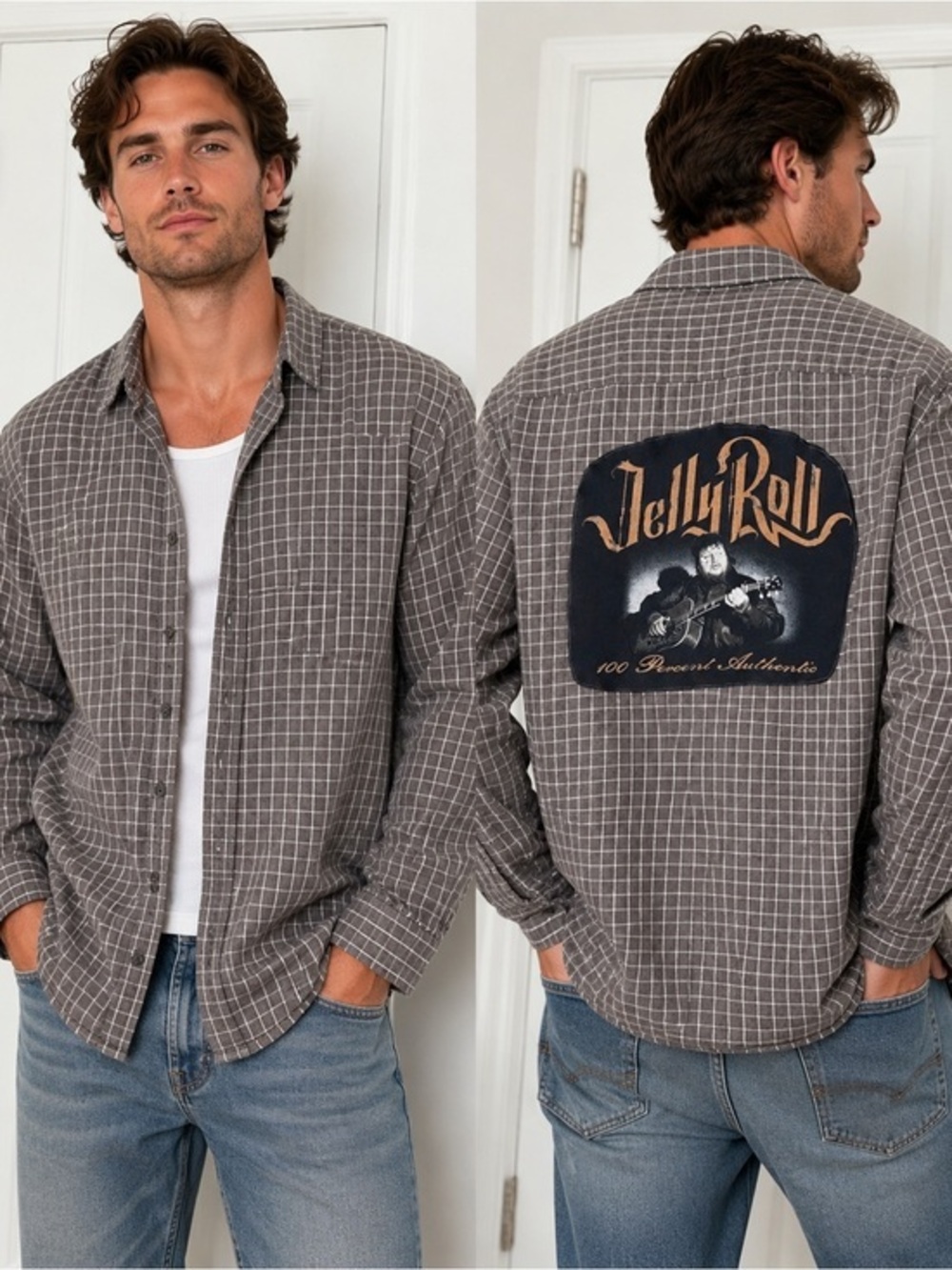 Jelly Roll upcycled handmade Gray Checkered Men's Flannel Size Large